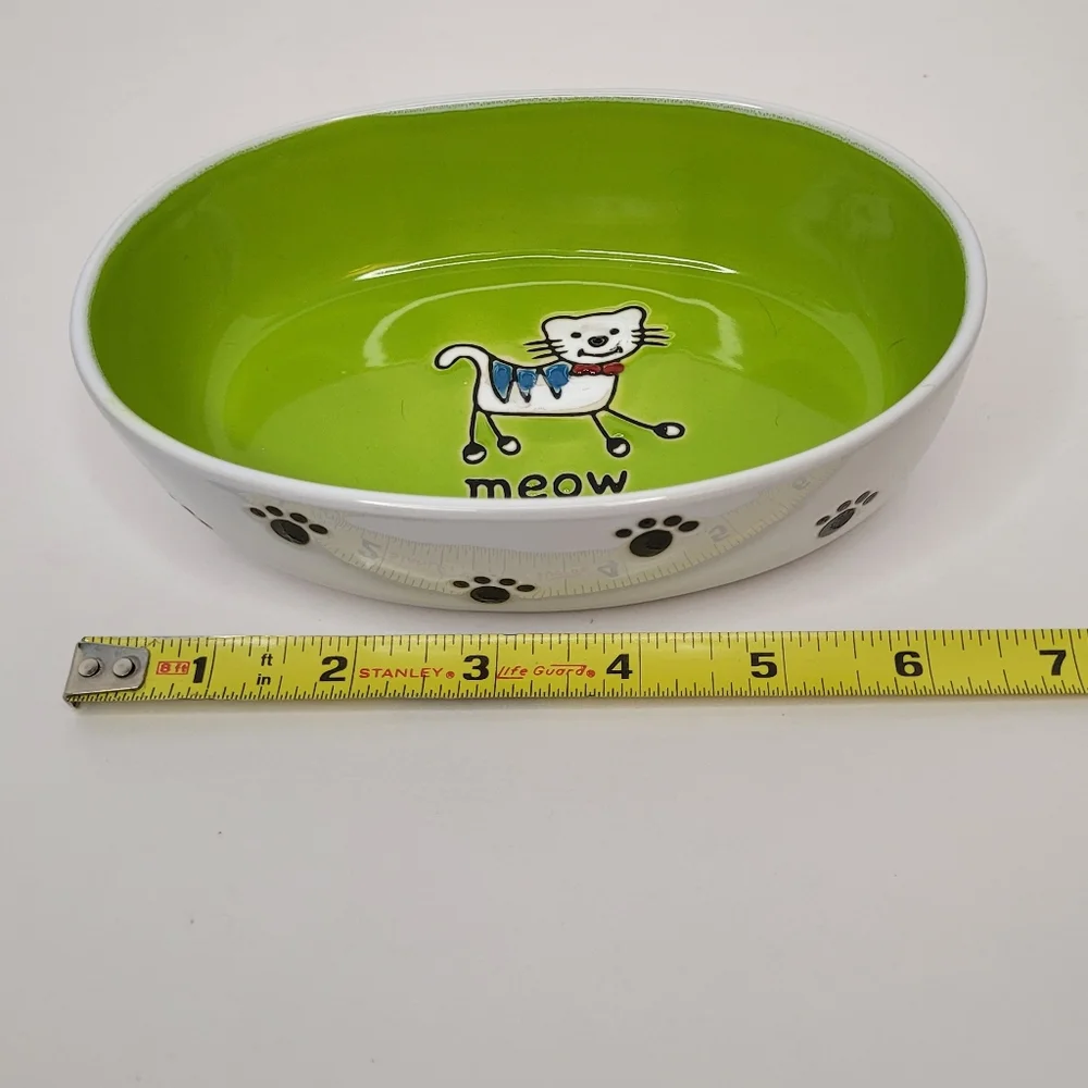 Green Oval Cat Bowl with Cartoon Cat Design and Paw Prints